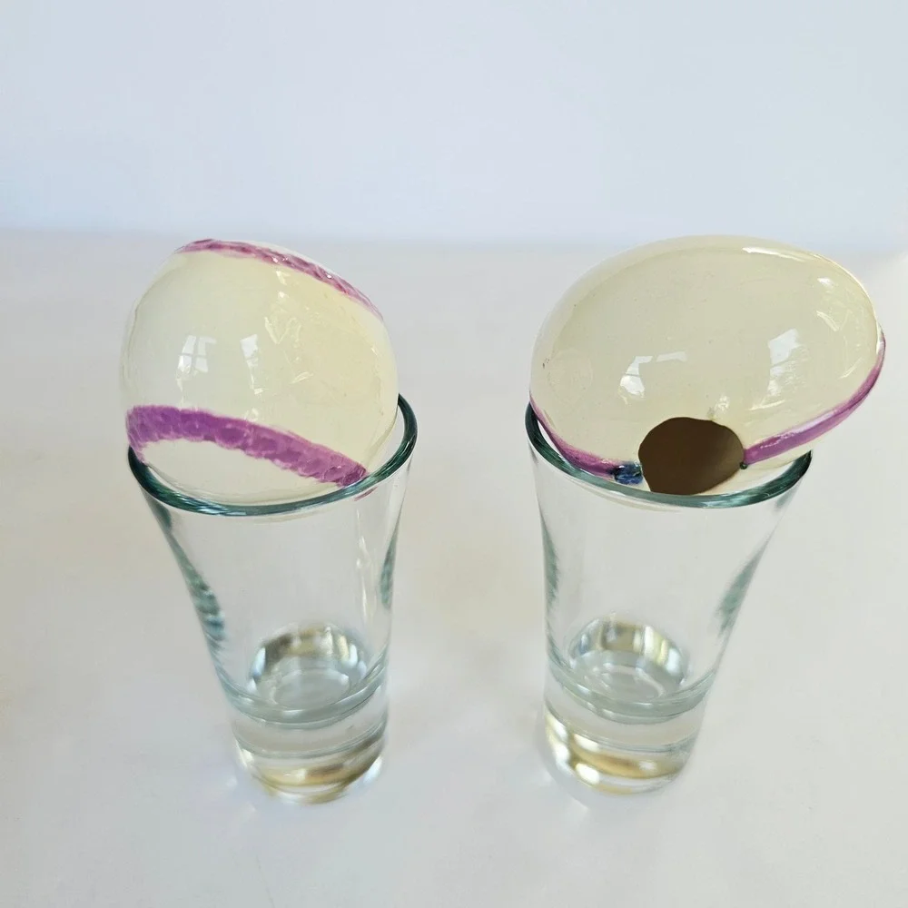 Vintage Ceramic Easter Eggs Hand Painted Purple Ribbon Bow Decor Set Cottagecore